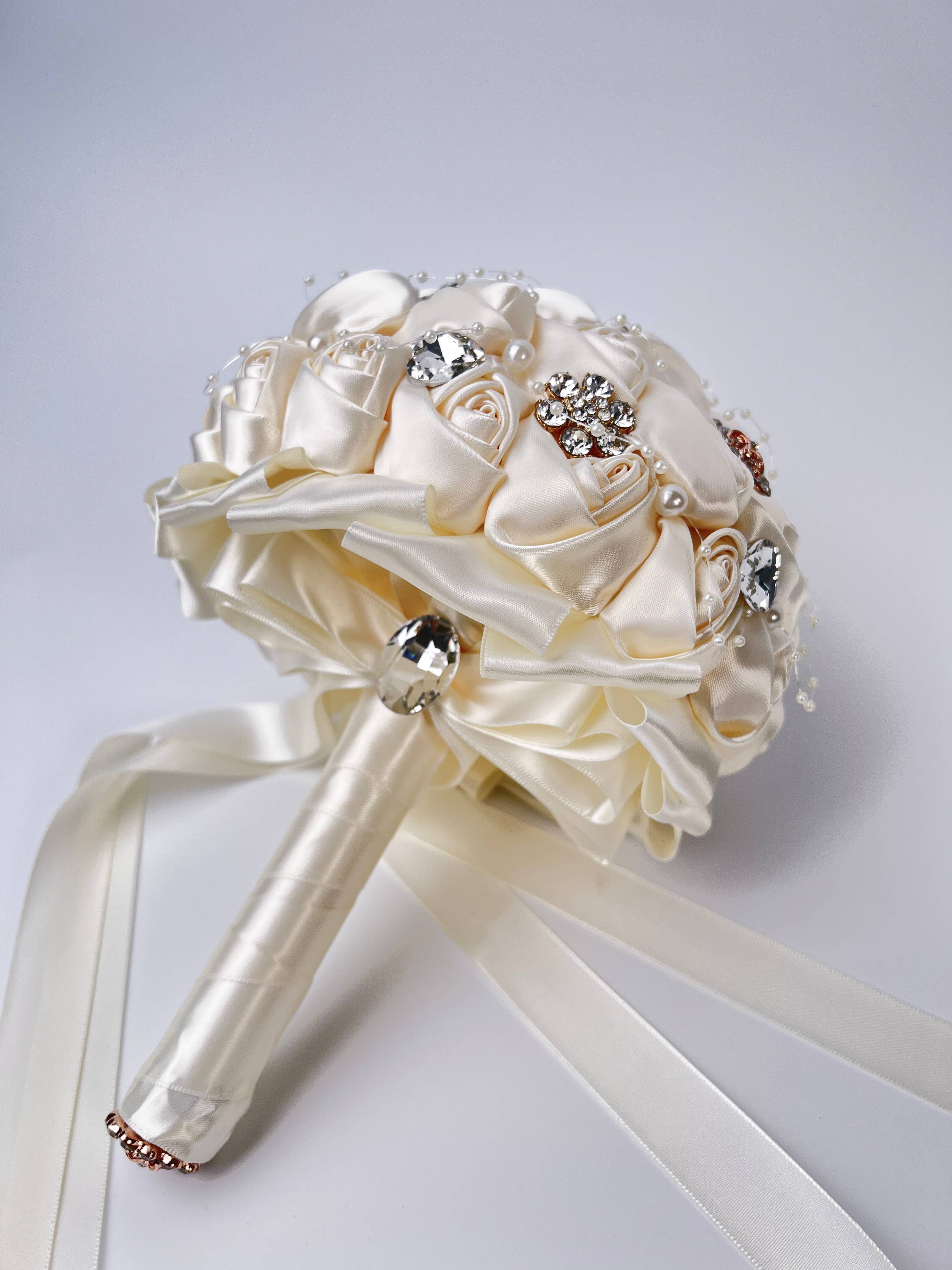 Floris Linens - Wholesale Artificial Flowers - Rhinestone Pearl Bridal Brooch Rose Bouquet for Wedding12