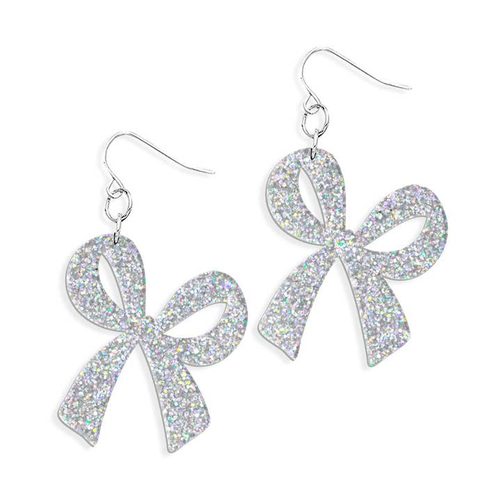 Bridal Holographic Glitter Bow Earrings for wholesale by Viv&Lou