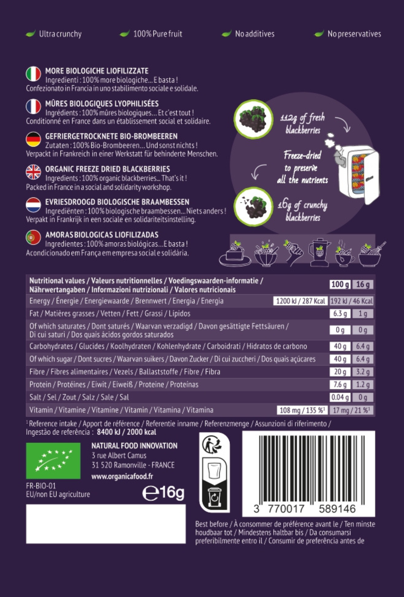 Organica – Engroshandel Tørret/dehydreret frugt – Økologiske frysetørrede brombær 100 % ren frugt | Organica2