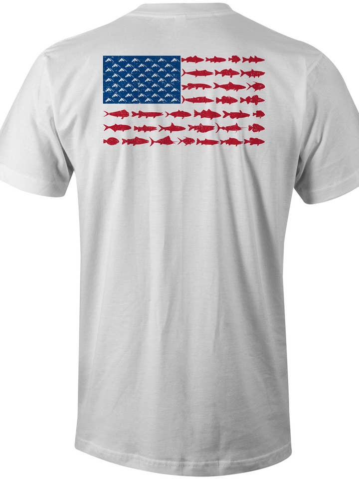 White Distressed American Fish Flag T-Shirt (White) for wholesale on Faire0