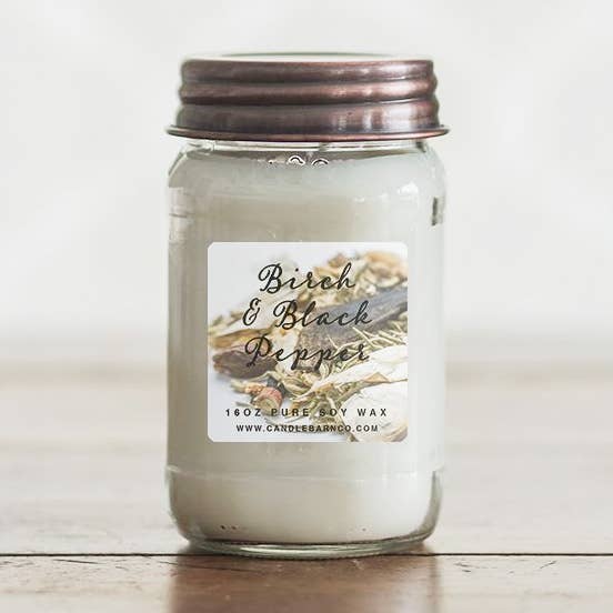 BIRCH & BLACK PEPPER | 16oz Mason Jar | 100% Pure Soy Candle for wholesale by Timber Oak Candles