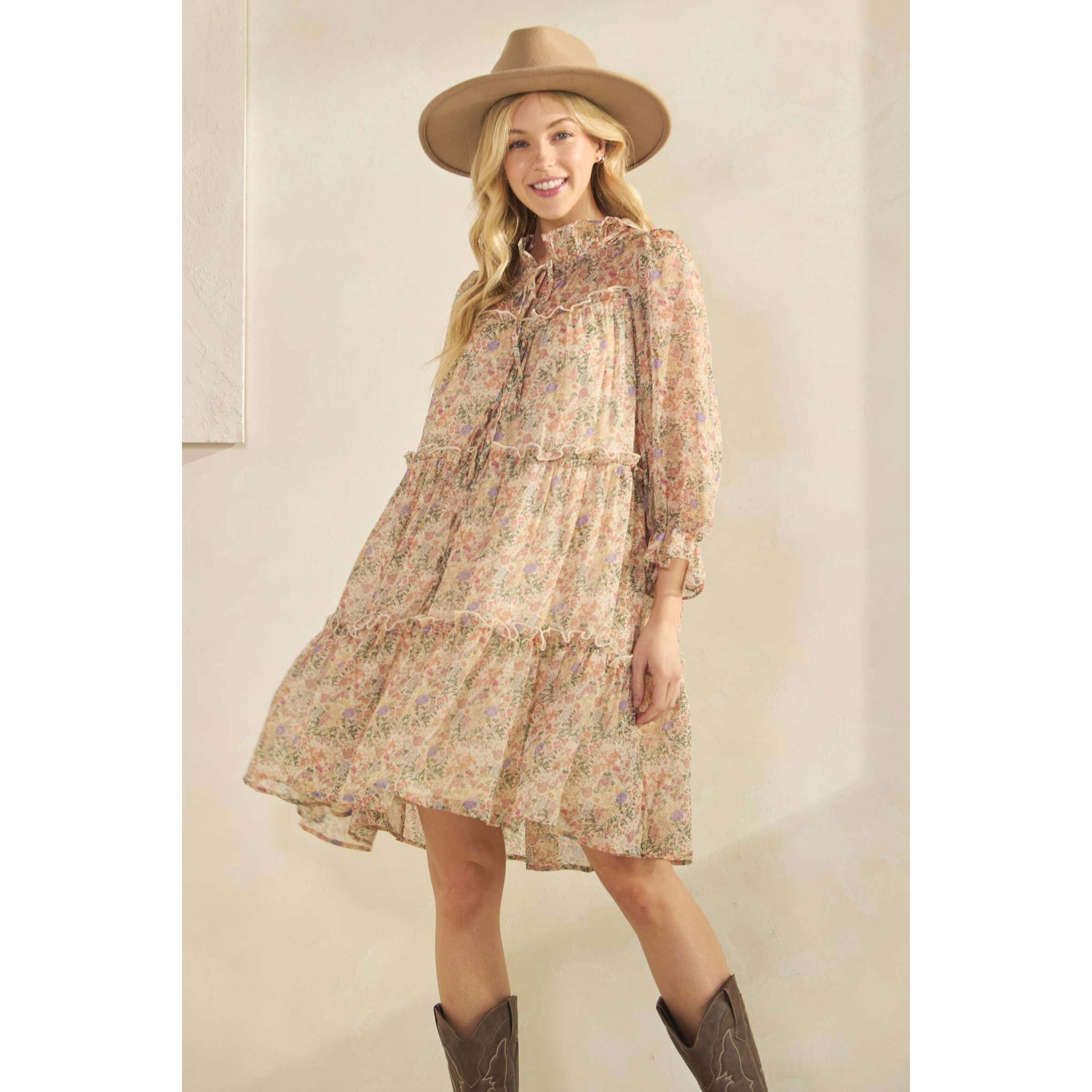 Sage + Fig - Wholesale Dress - Women's - VINTAGE-INSPIRED FLORAL TIERED RUFFLE DRESS (SD7768)13