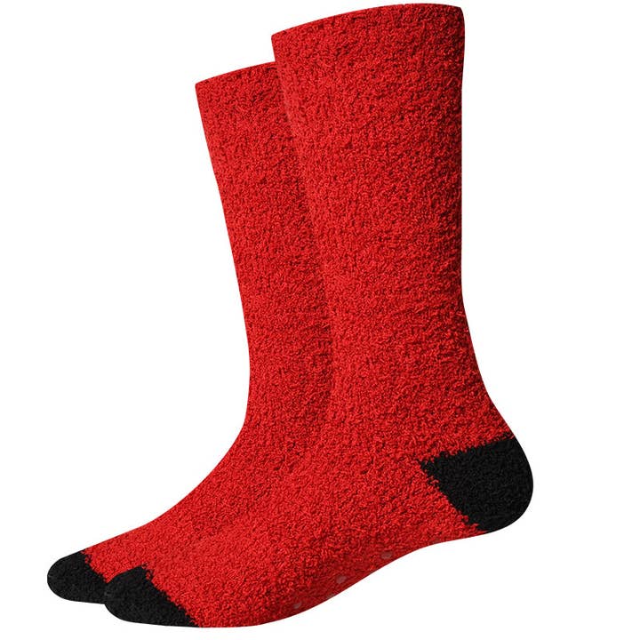 Solid Red Mens Fuzzy Socks for wholesale on Faire