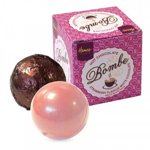 UK ONLY. White Hot Chocolate Bombe Strawberry Flavouring for wholesale by Hames Chocolates