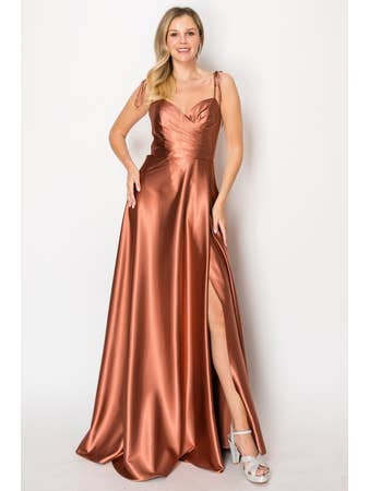 Chicas - Wholesale Gown - Women's - Long Satin Dress With Tie on Straps and Slit 98115