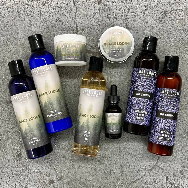 Set completo de aseo y ducha para barba, cabello y cuerpo: aceite para barba, bálsamo para barba, manteca para barba, gel de baño, jabón para barba, acondicionador para barba, champú para cabello y acondicionador para el cabello para venta al por mayor de Last Looks Grooming