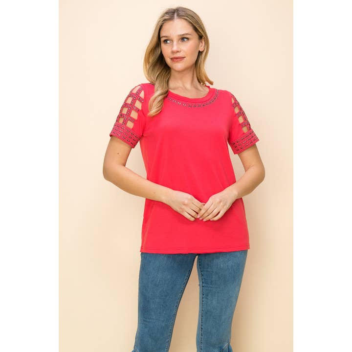 EMBELLISHED LASER CUT SHORT SLEEVE TOP for wholesale by VOCAL
