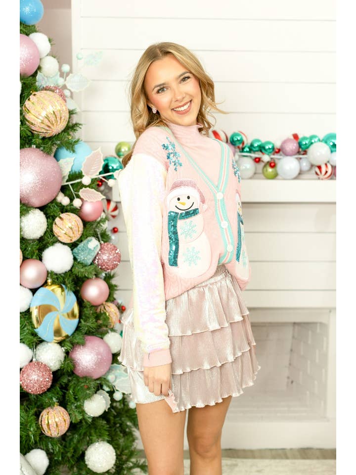 Pink Snowman Cardigan with Sequin Sleeves for wholesale on Faire1