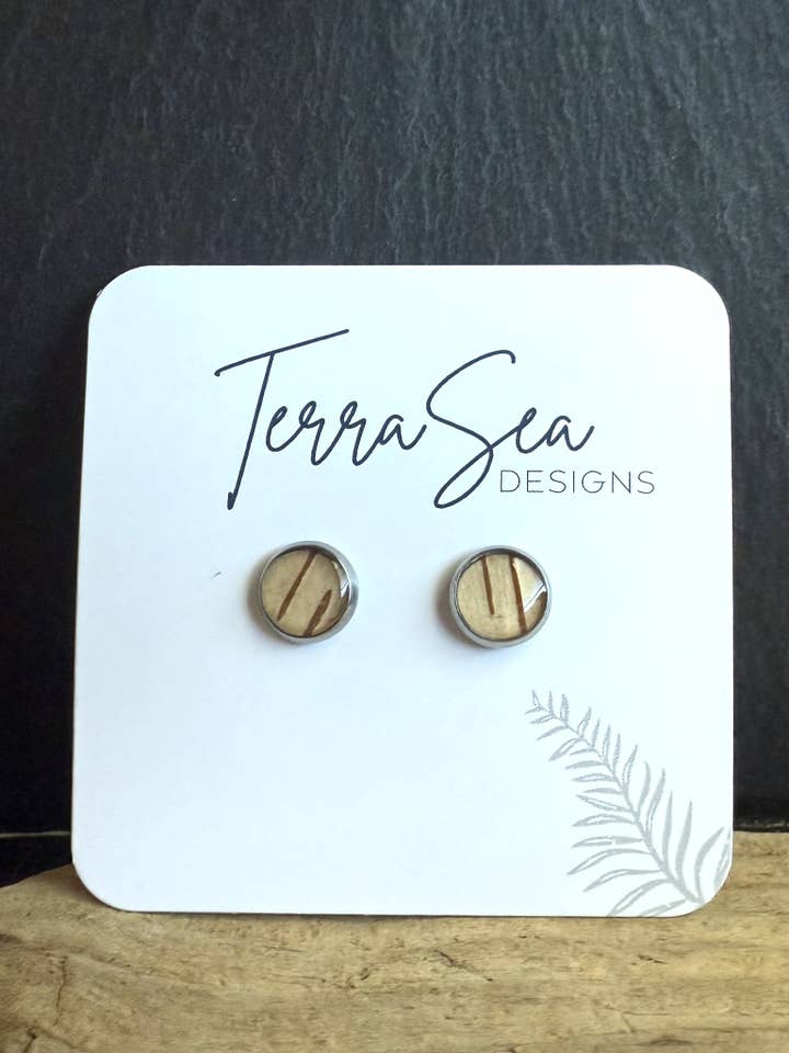 Genuine Birch Bark Stud Earrings 8mm (Brown) for wholesale by TerraSeaDesigns