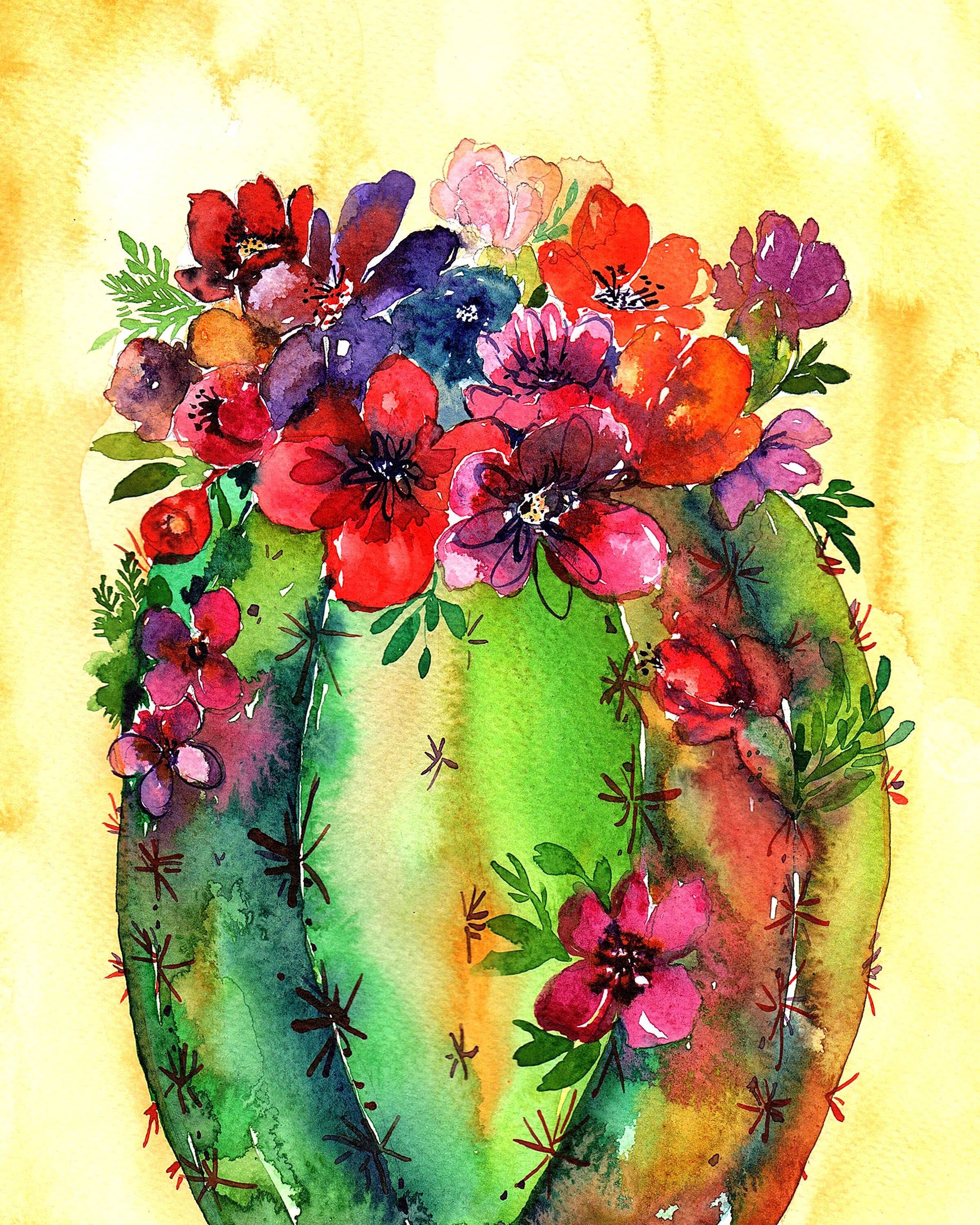 Pink Puddle Studio – Impressão artística por atacado – Impressão Artística de Cacto Barril Colorido com Flores0