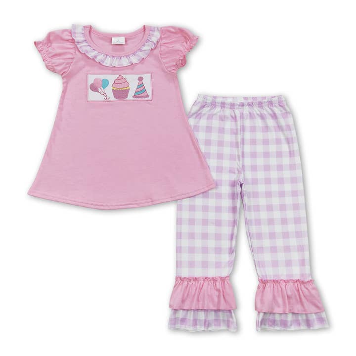 Pink balloon cake tunic plaid pants happy birthday girls clo for wholesale by Yawoo Garments