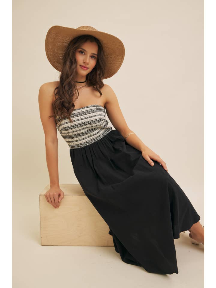 IVORY BLACK CROCHET CONTRAST TUBE TOP MIDI DRESS WITH POCKETS for wholesale on Faire