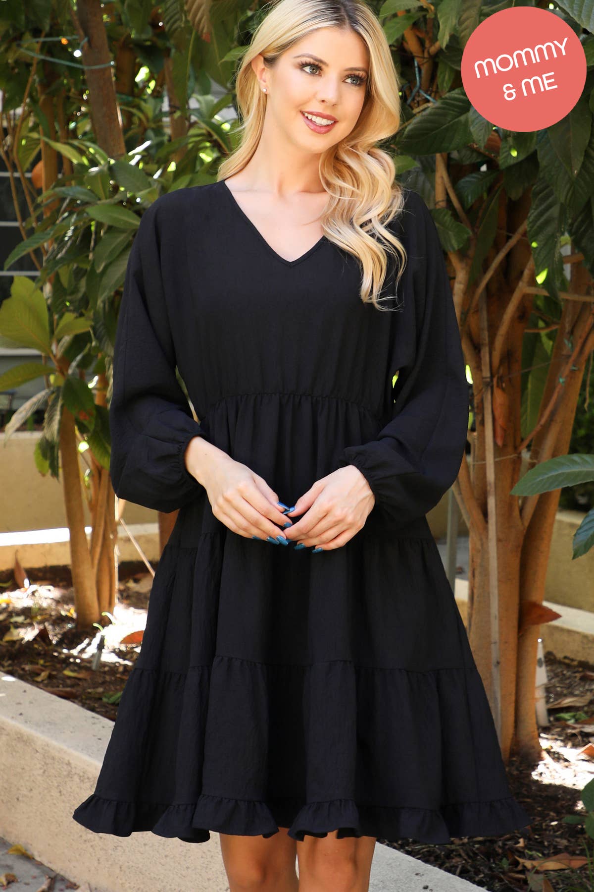 You & Me - Wholesale Dress - Women's - YMD10057V-WOVEN PUFF SLEEVE V-NECK ELASTIC WAIST TIERED6