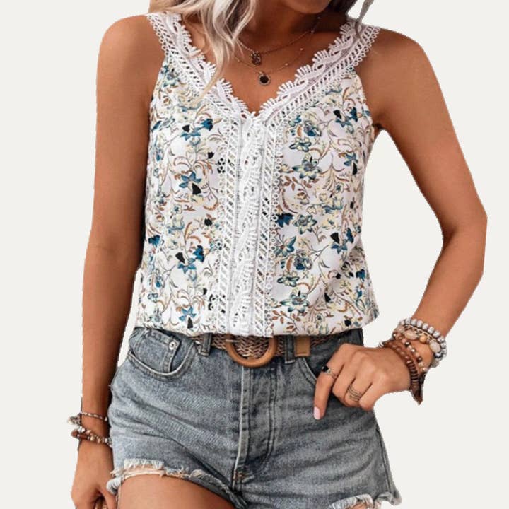 WHITE Cutest Floral Print Crochet Lace Sleeveless Tank Top for wholesale on Faire