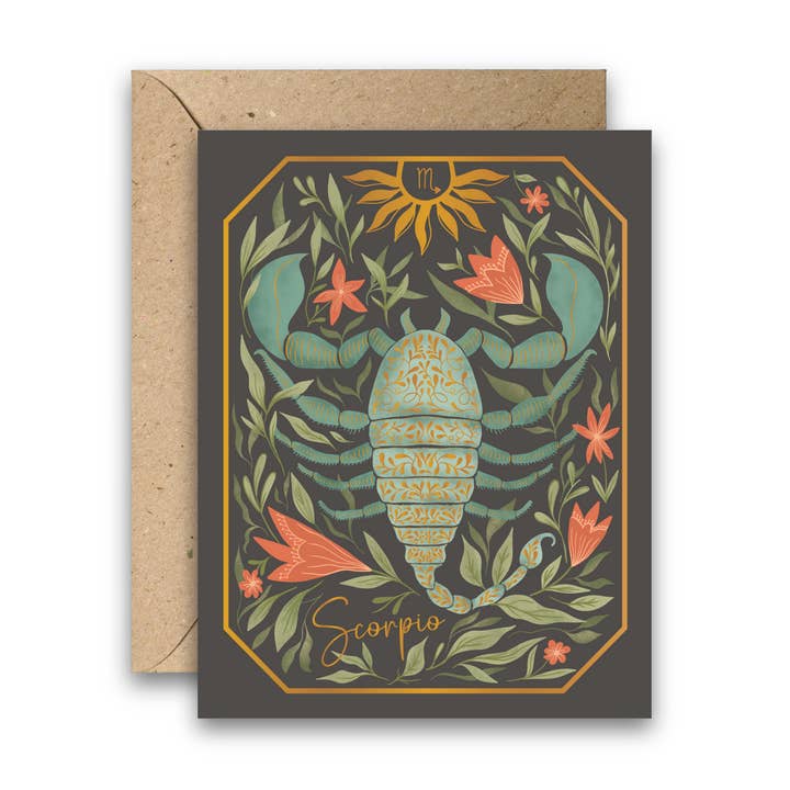 The Scorpio Zodiac Garden Gold Foil Greeting Card for wholesale by Amicreative