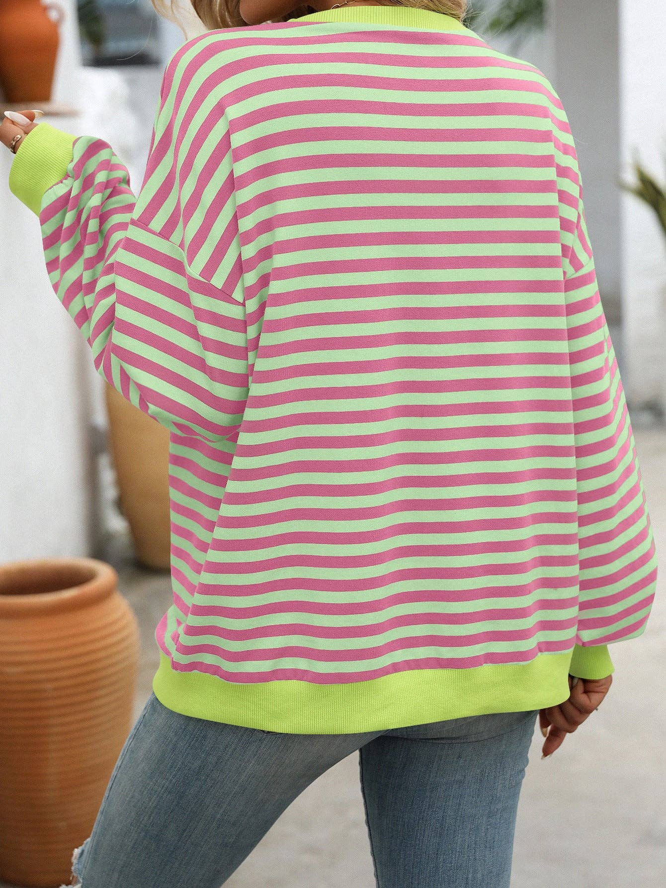 Lovesoft - Wholesale Sweatshirt - Women's - Women Color Striped Crew Neck Loose Sweatshirt Sweater16