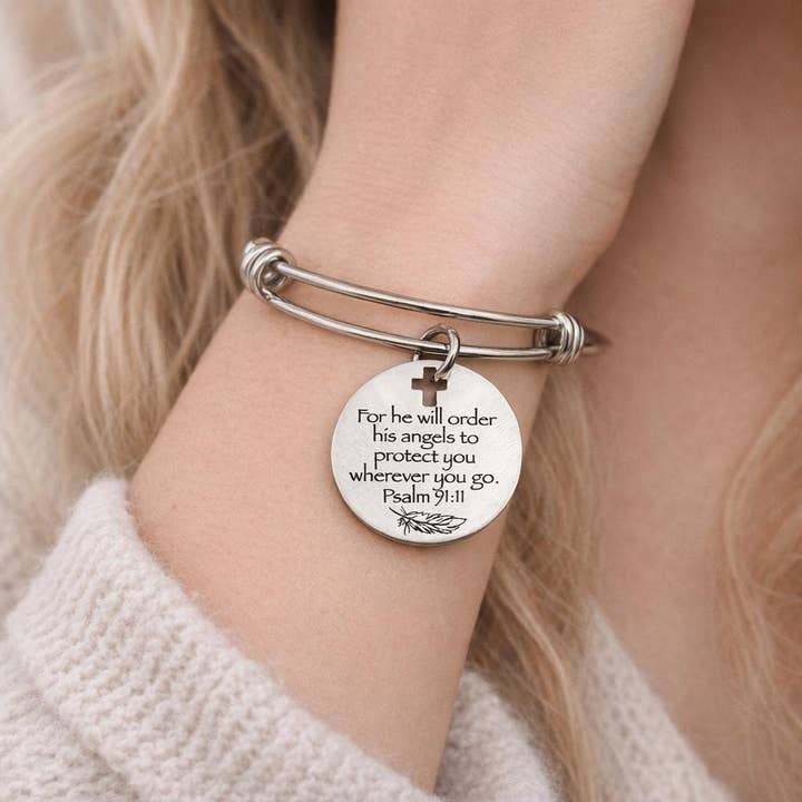 Psalm 91 11 Bracelet Stainless Steel Expanding Bangle Christian Jewelry Angel Protection Scripture Faith Gift for wholesale by JKCE Designs