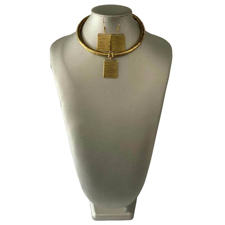 African Metal Rectangle Token Necklace Set -- GOLD -- Jewelry A36 for wholesale by African Stars