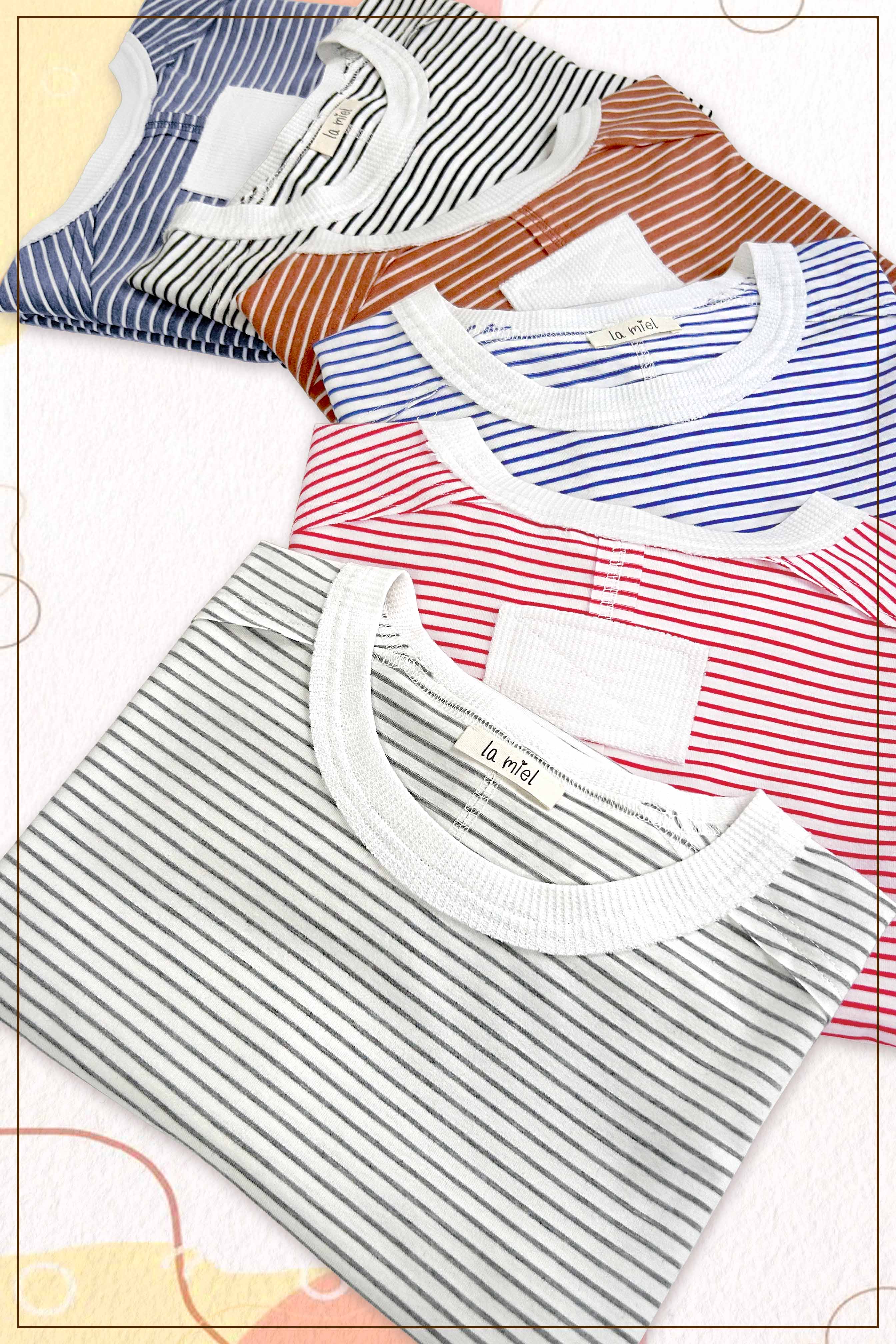 La Miel - Wholesale T-Shirt - Women's - HDT7703-Basic Striped Drop Shoulder Short Sleeves Top20
