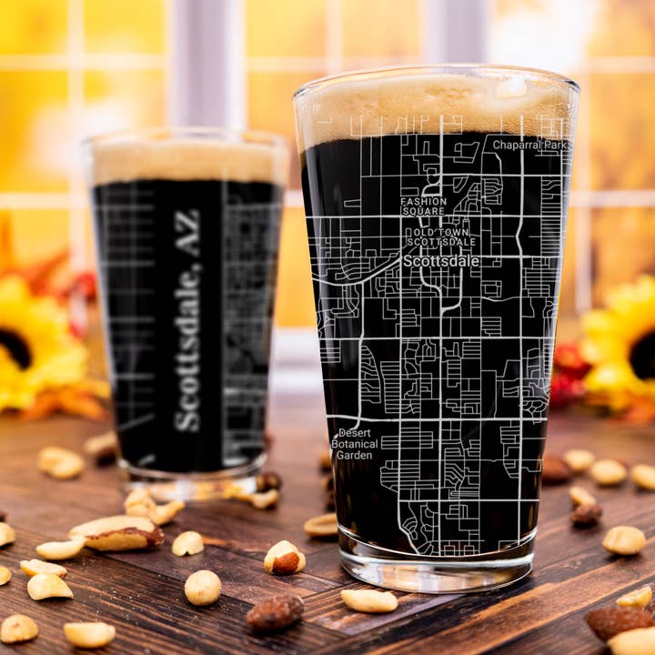 Scottsdale AZ - Street Map - Engraved Pint Glass for wholesale by Blue Ridge Mountain Gifts