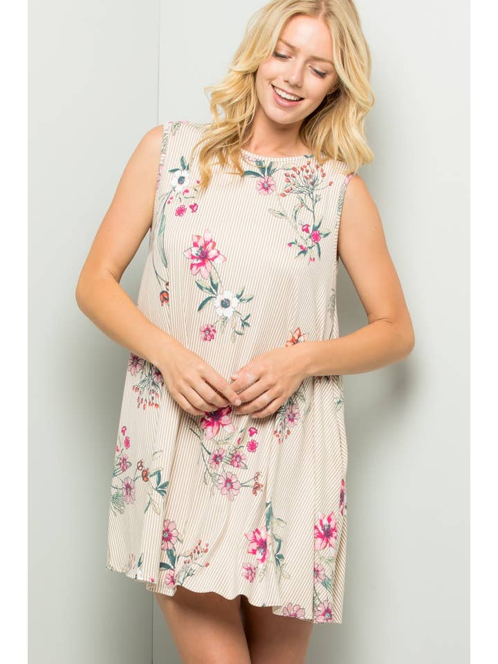 SAND D31002-M Striped Floral Print Dress With Side Pockets for wholesale on Faire