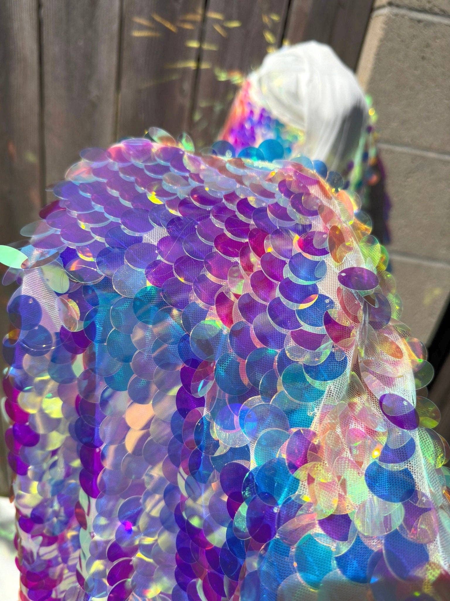 GalaTextile - Wholesale Fabric - Iridescent Coin Sequin on White Mesh Fabric by Yard Jumbo Paillette Sequins on Mesh Material for Event Decoration, Backdrops, Bridal Fabric6