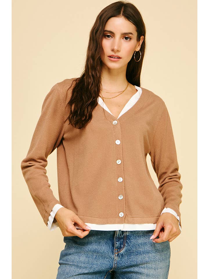 PINCH - Wholesale Knit Top - Women's - V-NECK WOVEN COMBO CARDIGAN TOP - 5831W29