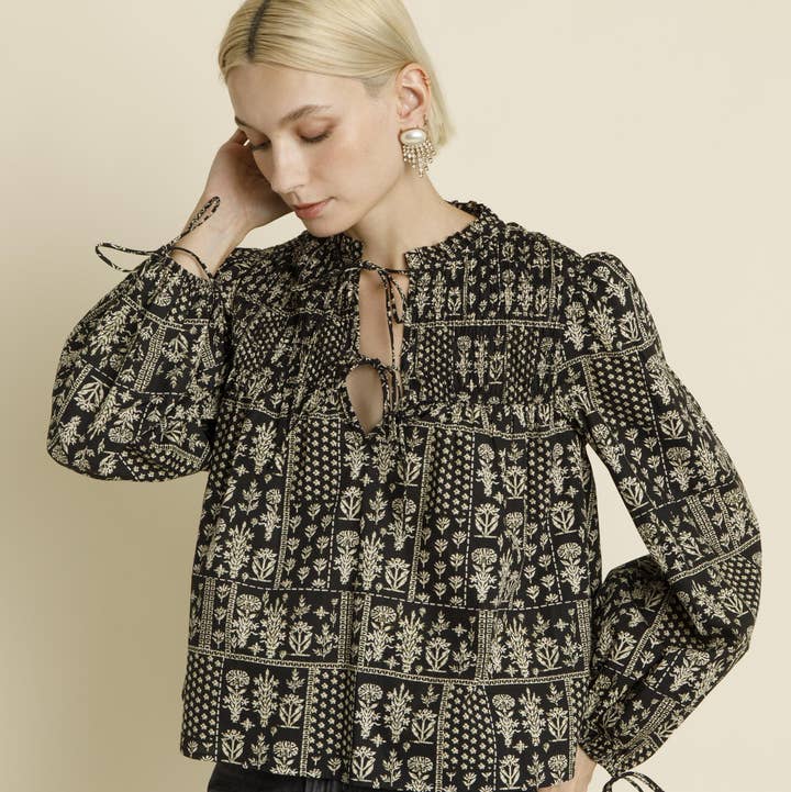 AT1896 - PRINTED SMOCKED TOP W/ TIES for wholesale by Aureum