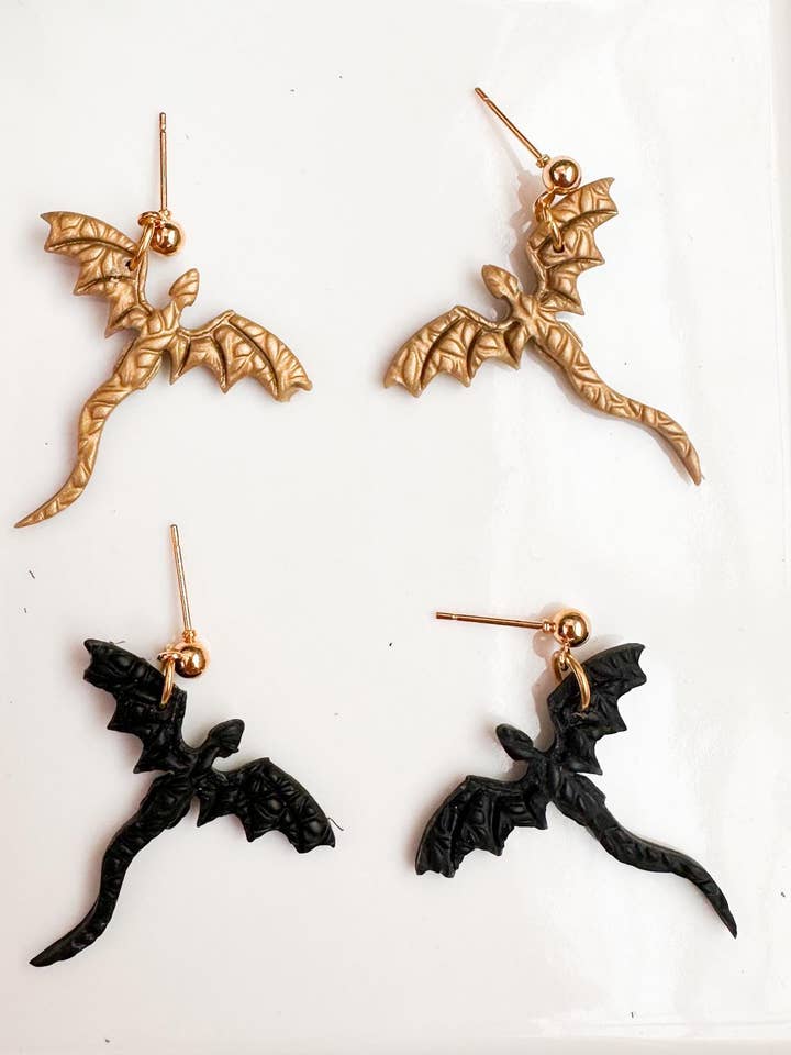 Black and Gold SmallDragon Clay Dangle Statement Earrings for wholesale by Design With Purpose
