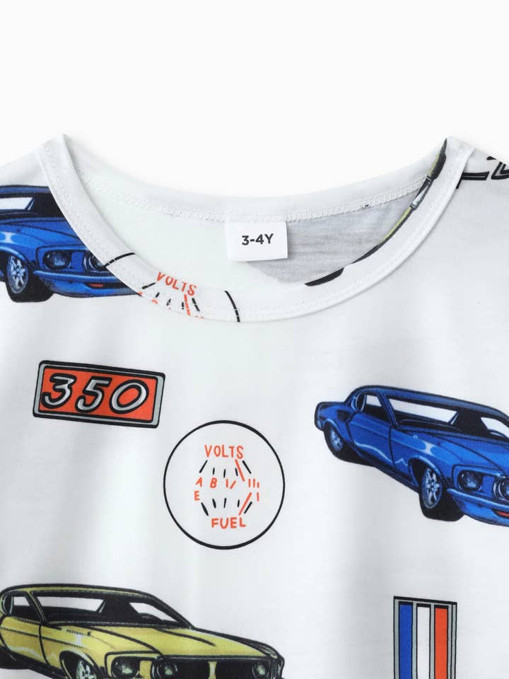White 2pcs Toddler Boy Car Print T-shirts and Ripped Denim Shorts for wholesale on Faire