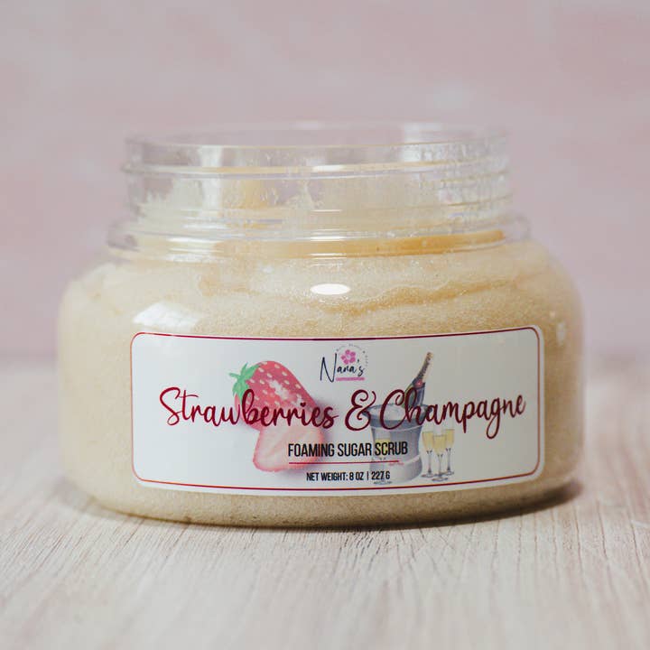Strawberries & Champagne Foaming Sugar Scrub for wholesale by Nana's Creative Studio