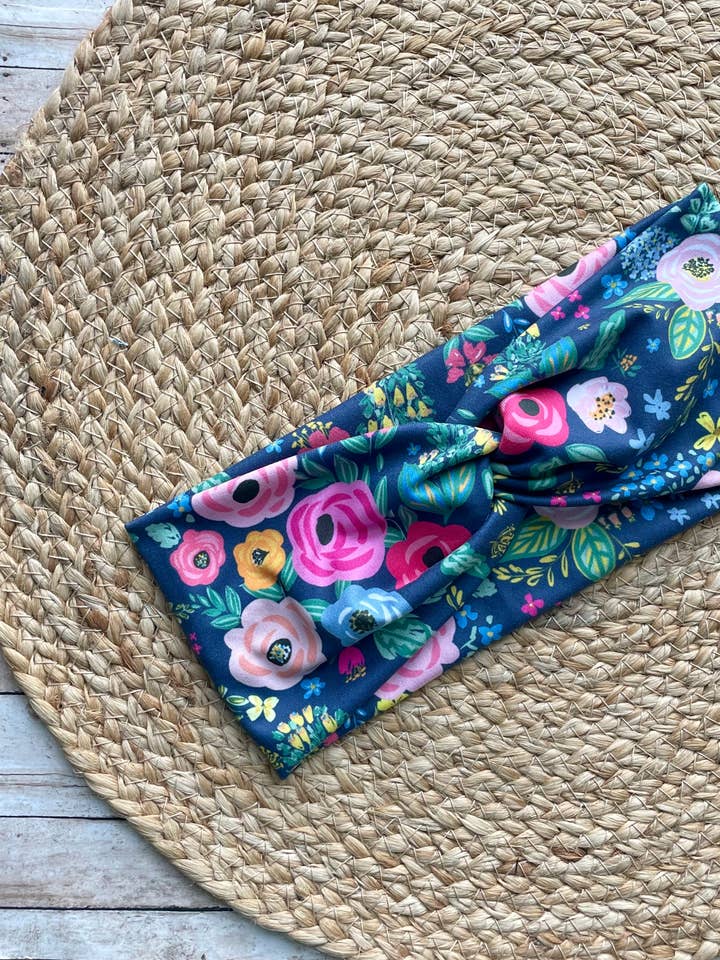 Wonderland Garden Navy Knit Twist Headband for wholesale by Designs by Rachel Joy
