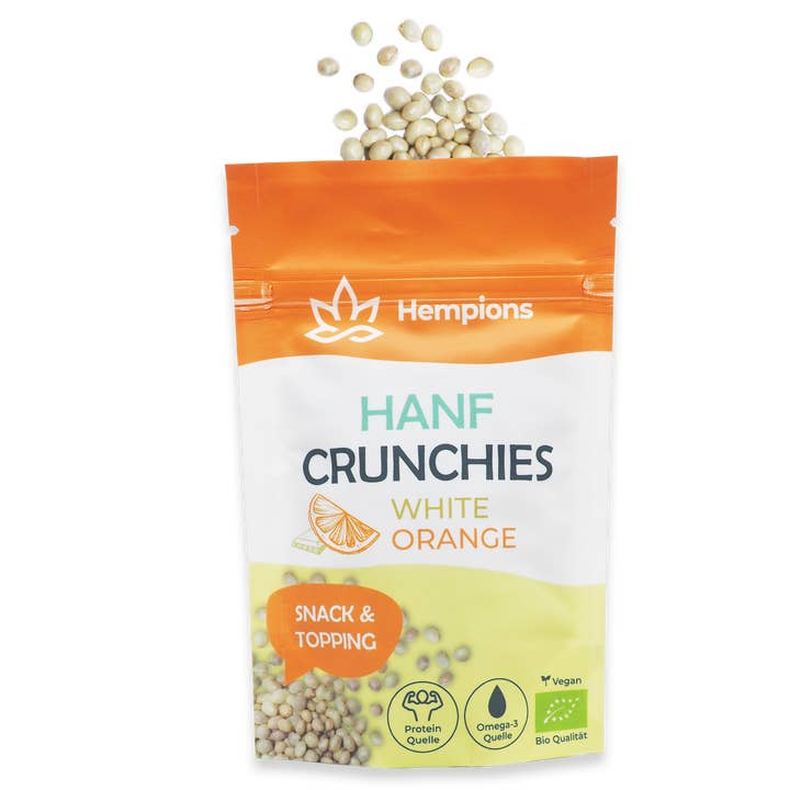 Hempions - Wholesale Chocolate Covered Sweets - Organic Hemp Crunchies White Orange 50 g - Vegan Topping