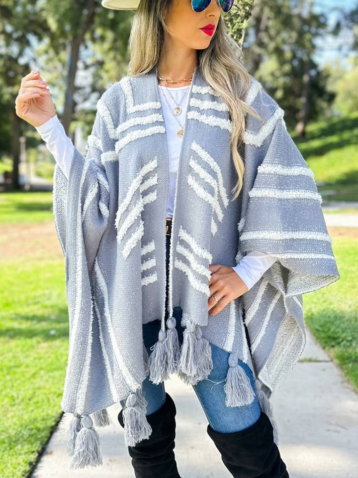 Grey Western Textured Pattern With Chunky Tassel Cardigan for wholesale on Faire4