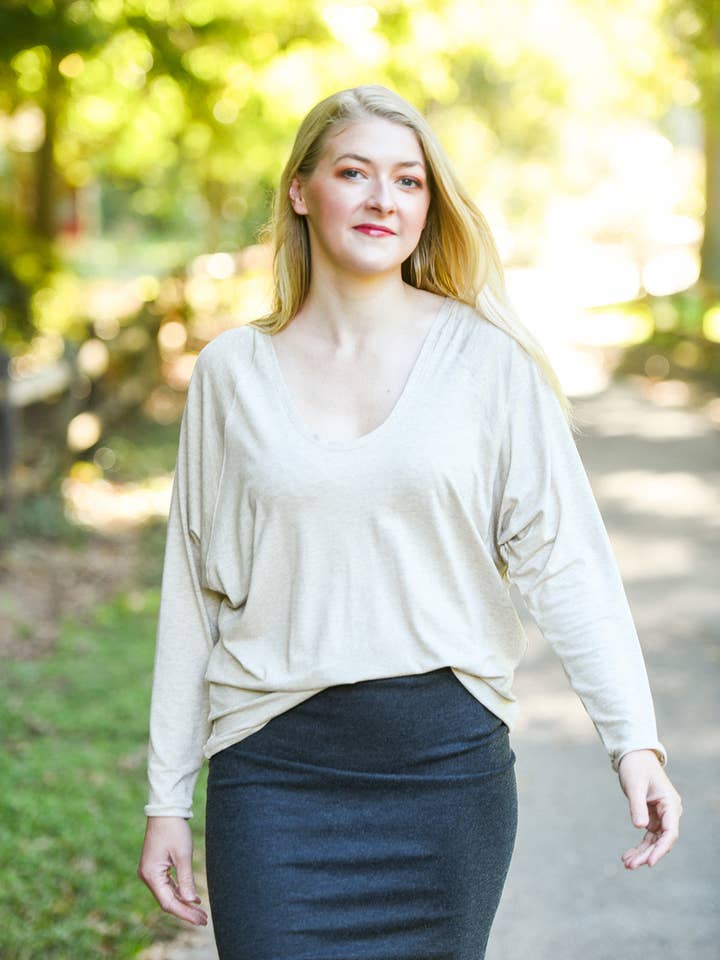 Knieriem Designs - Wholesale Knit Top - Women's - Cream Raglan Sleeve U-Neck Top in Super Soft Knit