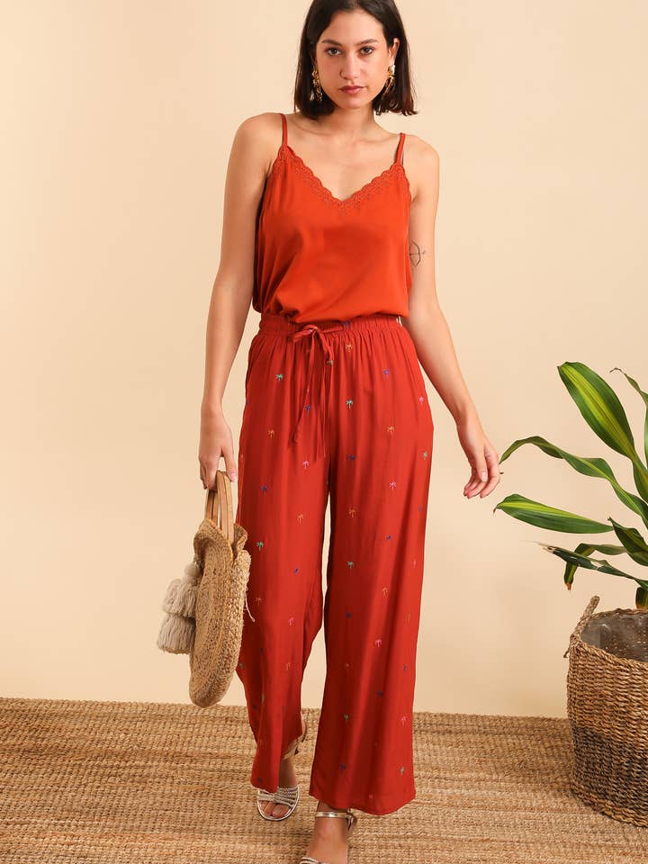 Viscose Trousers Embroidered & Colorful Palm Trees - 90056 for wholesale by INSPIRATION STUDIO