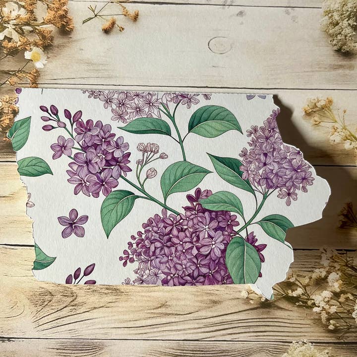 Iowa Shaped Card with lilac flowers single card for wholesale by Iowa Paper Farm