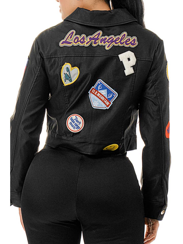 SALT - Wholesale Leather Jacket - Women's - (SJ5088)Multi Patch Cropped Faux Leather Jacket5