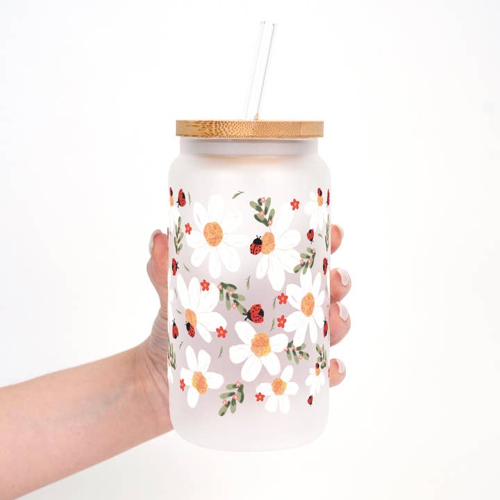Sip-Sip Hooray! - Wholesale Drinking Glass/Cup - Daisy & Ladybug Cup with Lid and Straw