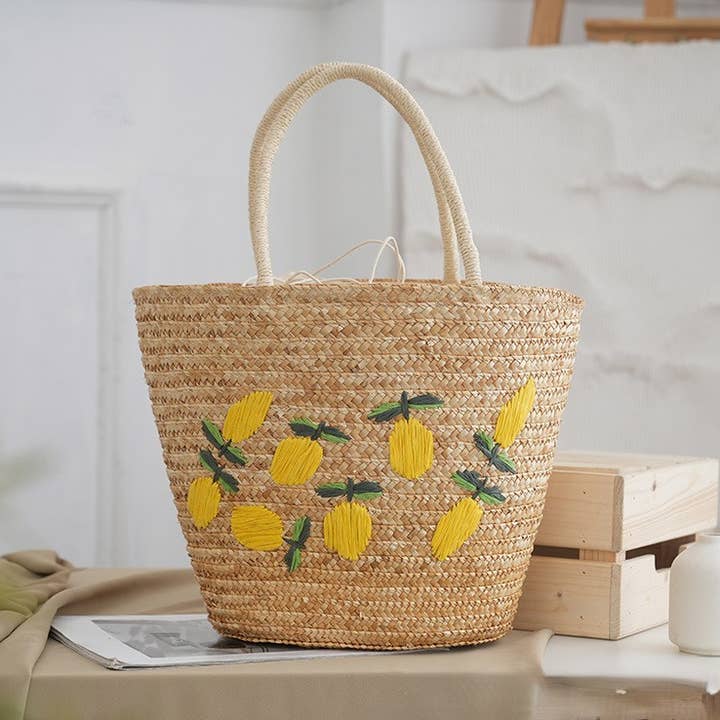 Zesty Lemons Broderad Strandväska i Strå för wholesale av PEACH ACCESSORIES