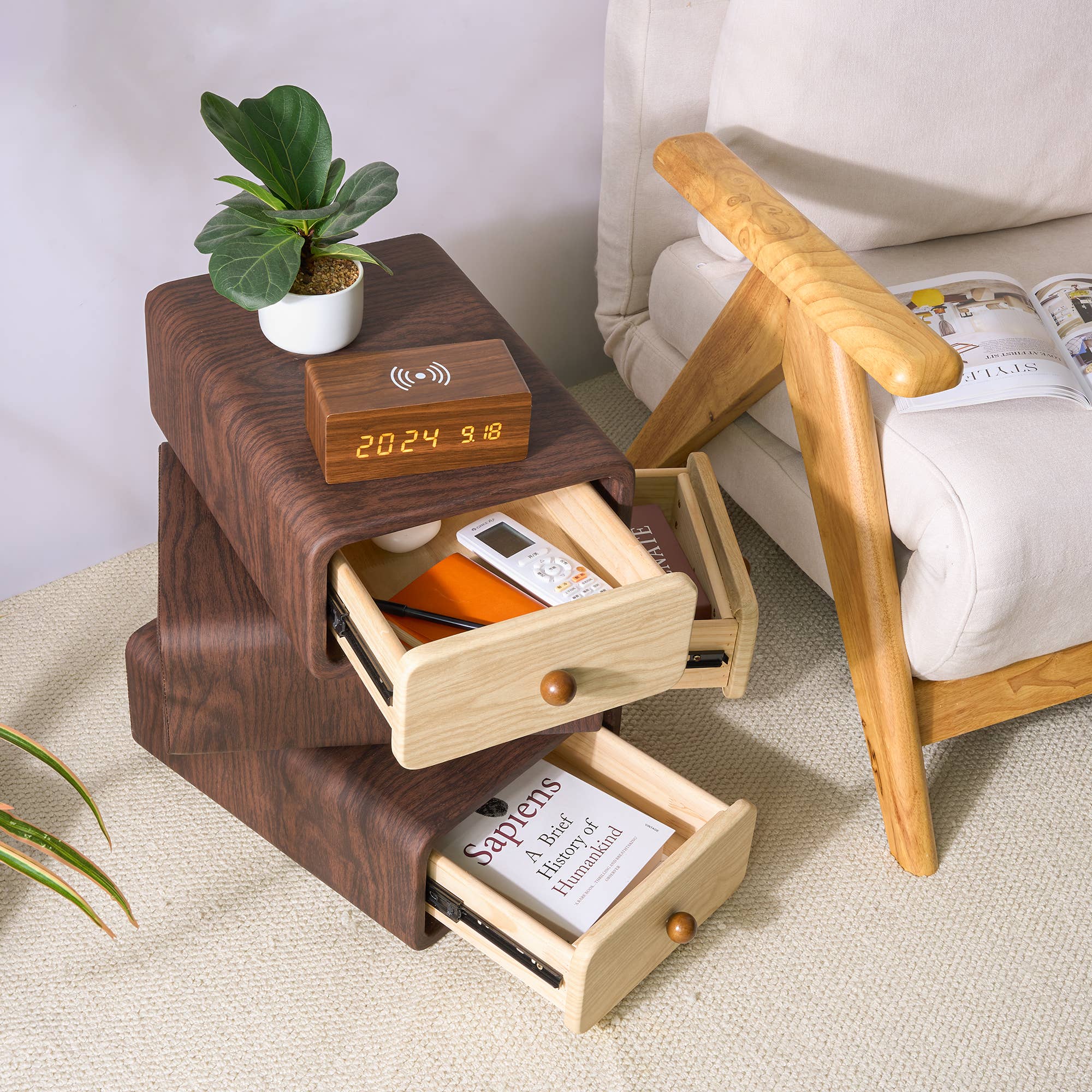 EP Design Lab - Vente Armoire - Table de chevet en bois massif rotatif à 360° avec 3 tiroirs5