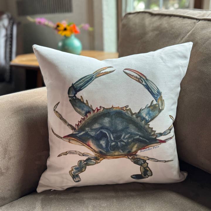 Throw Pillow - Blue Crab on Linen Cotton for wholesale by Goose and Willow
