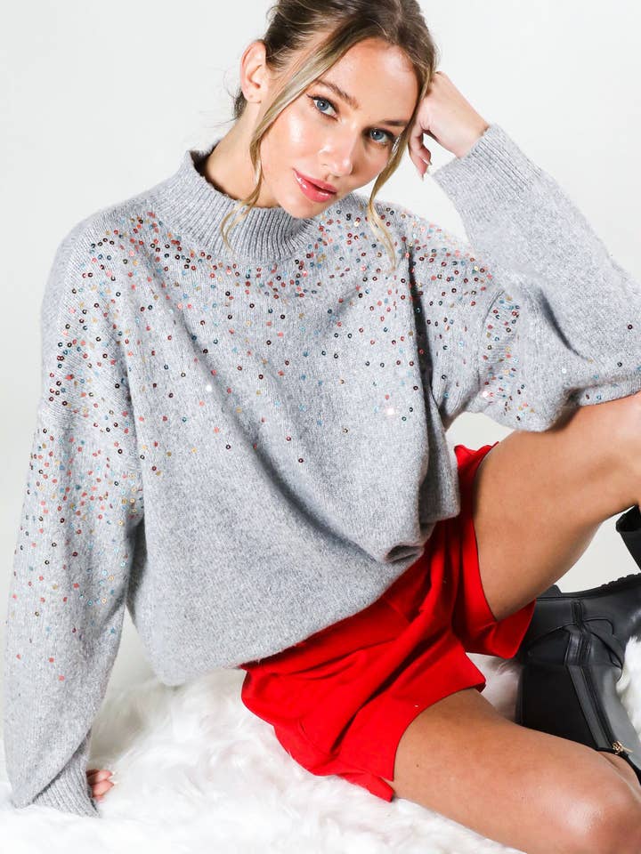 Sequin Embellishment Mock Neck Knitted Sweater VT81478- for wholesale by Vine & Love