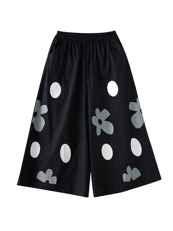 VividLux - Wholesale Pants - Women's - Loose Wide Leg Elasticity Flower Print Pockets Culotte Pants12