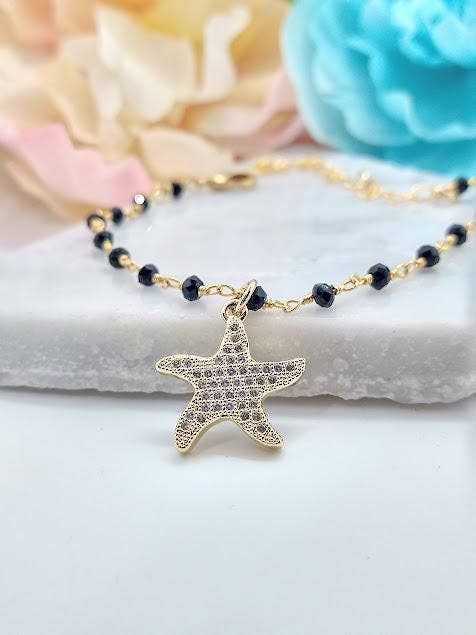 Onyx Beaded Bracelet: Starfish Charm, 18kt Gold Vermeil for wholesale by Bad Apple Designs