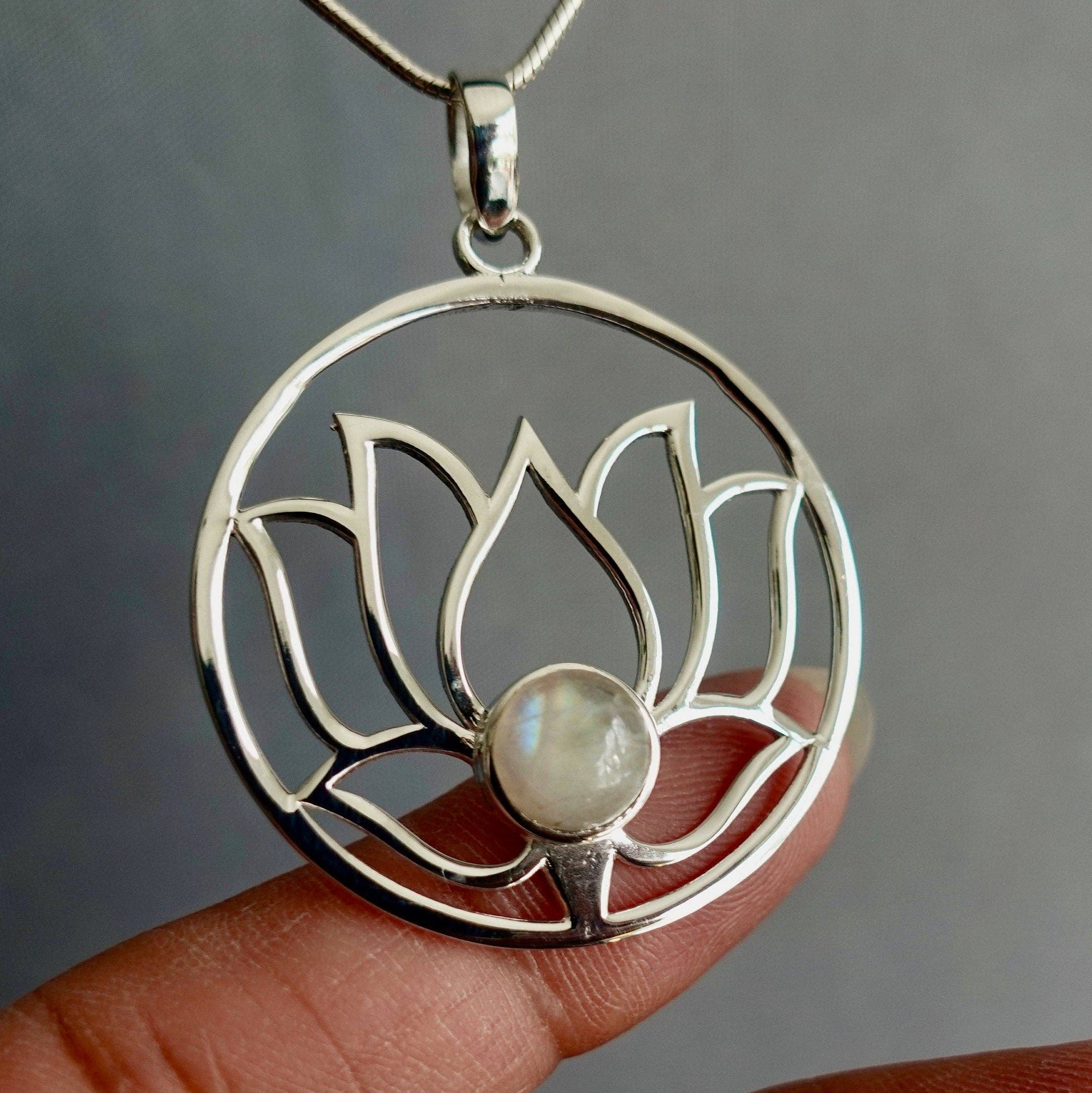 Mistry Gems – wholesale Pendant/charm necklace – Large Round Moonstone Lotus Flower Pendant | Sterling Silver1