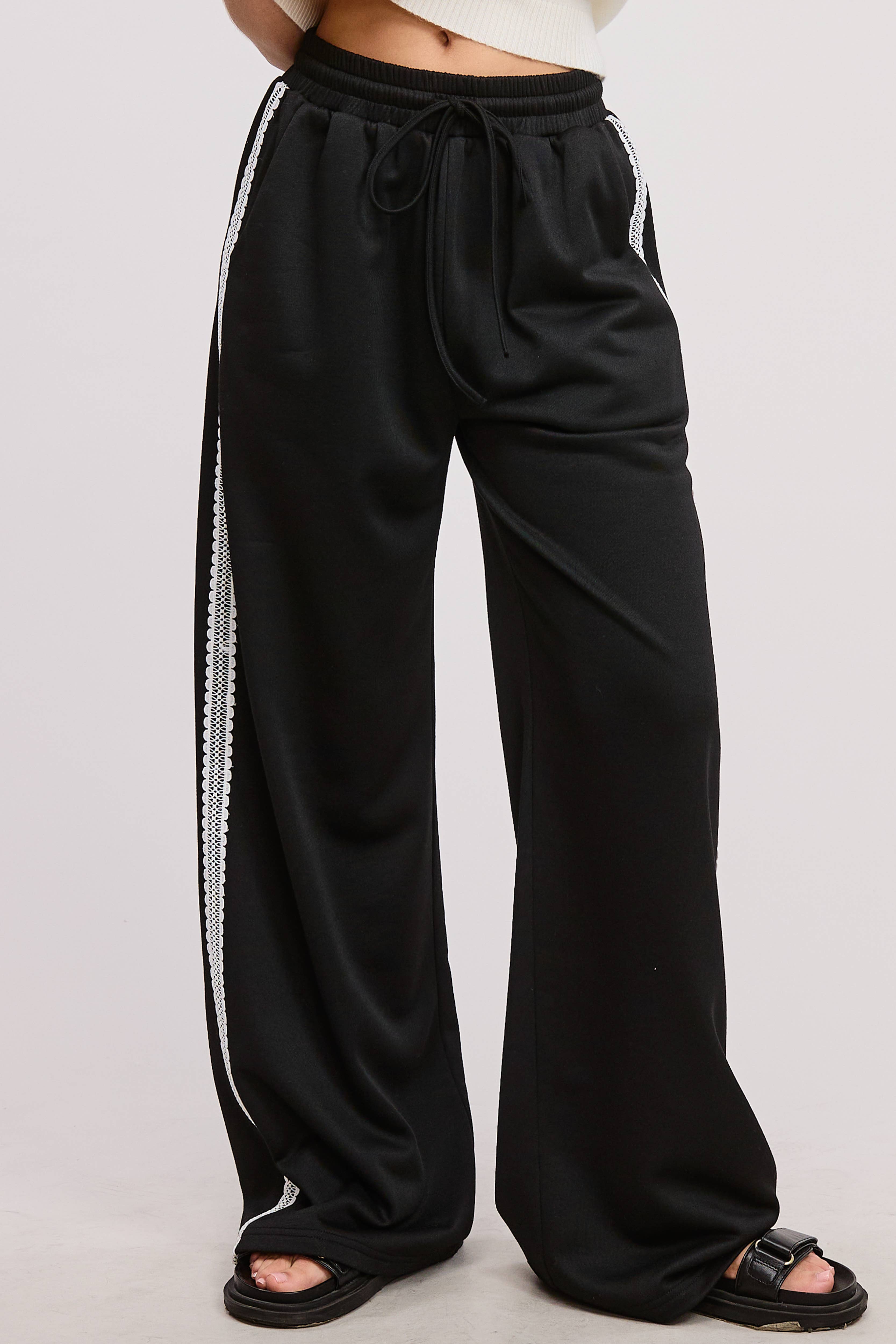 Black Lace Trim Wide Leg Track Pants with Drawstring Waist for wholesale on Faire16