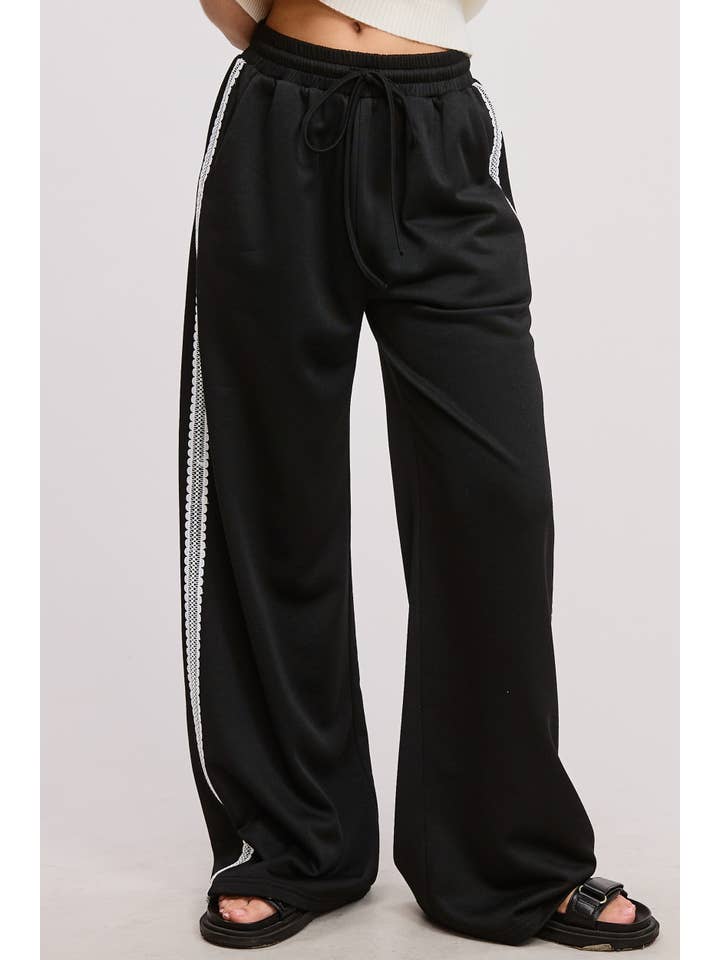Black Lace Trim Wide Leg Track Pants with Drawstring Waist for wholesale on Faire16