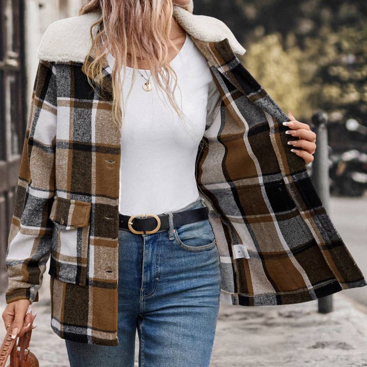 Khaki Polished Lapel Plaid Jacket Women for wholesale on Faire