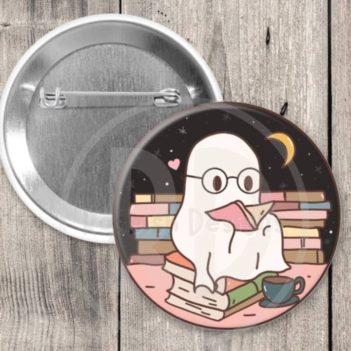 Bookworm Ghost Pinback Button - Spooky Halloween for wholesale by Roseish Designs